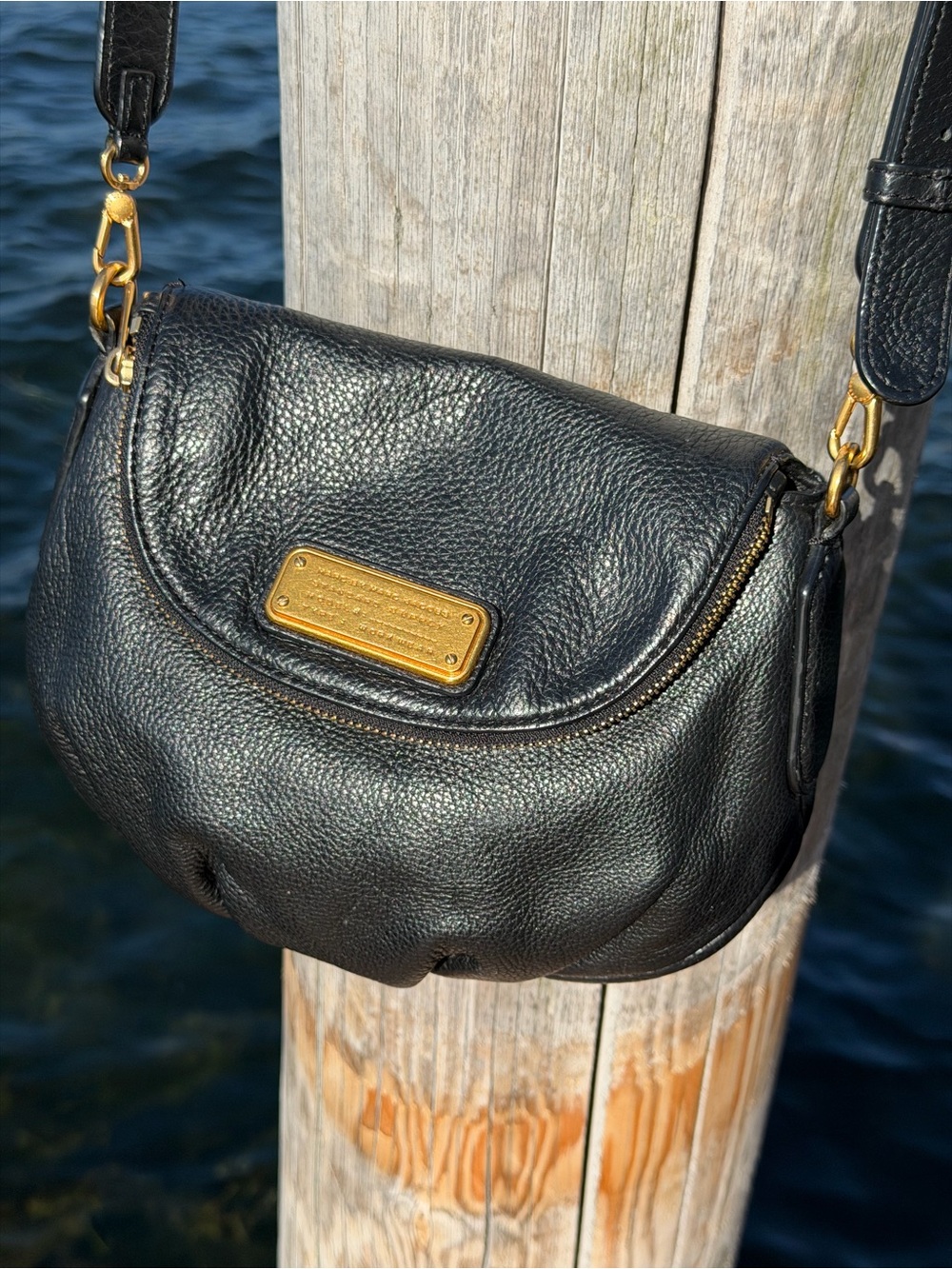 Marc by Marc Jacobs Black Leather Crossbody with Gold Plaque